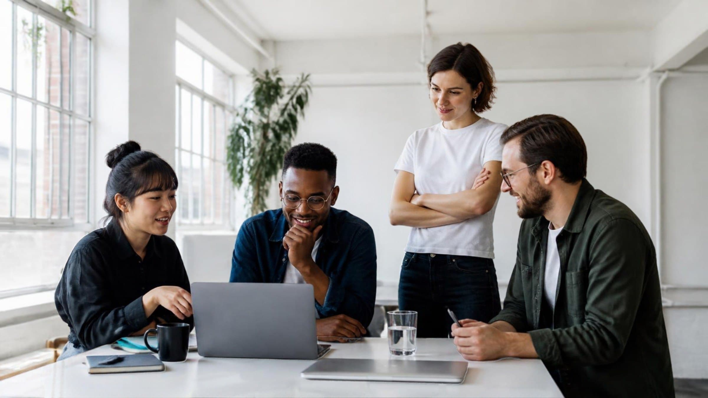 A small team gathered around a laptop in a bright, minimal studio