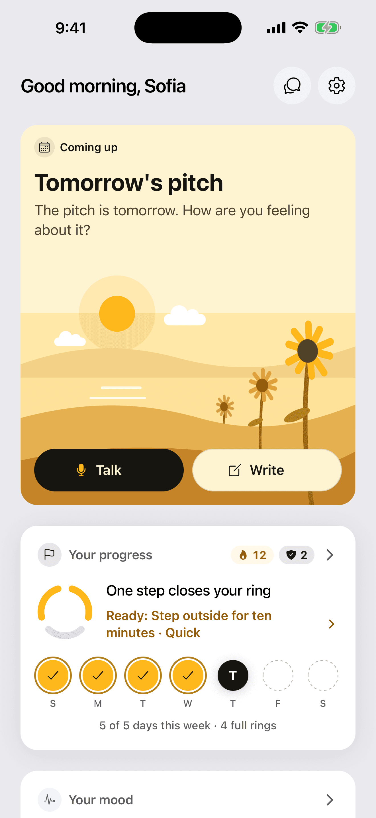 Confidely home screen: a check-in about tomorrow’s pitch with Talk and Write buttons, and a weekly progress ring